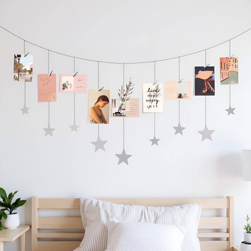 Mkono Hanging Photo Display Boho Decor Wooden Stars Garland with Metal Chains, Pictures Cards Holder with 25 Wood Clips, Wall Art for Christmas Living Room Bedroom Dorm Decor, Teen Girls Gift, Silver - Image 4